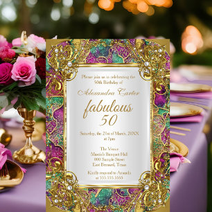 Invitation Fabuleux 50 Pink turquoise Golden Pearl fête d'ann
