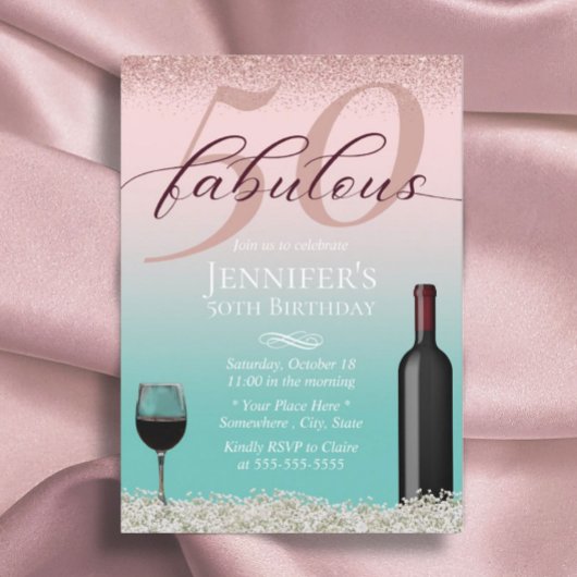 Invitation Fabuleux 50 Pink & Typographie Turquoise Vin & Fle
