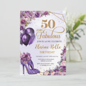 Invitation Fabuleux 50 Purple Girl Moderne 50e anniversaire (Debout devant)