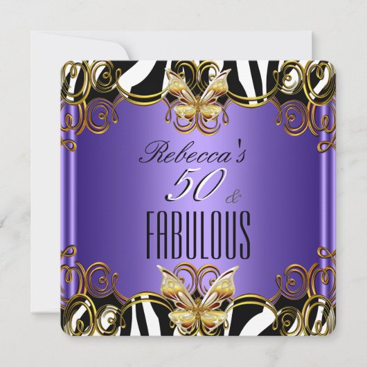 Invitation Fabuleux 50 Purple Gold Black White Zebra (Devant)