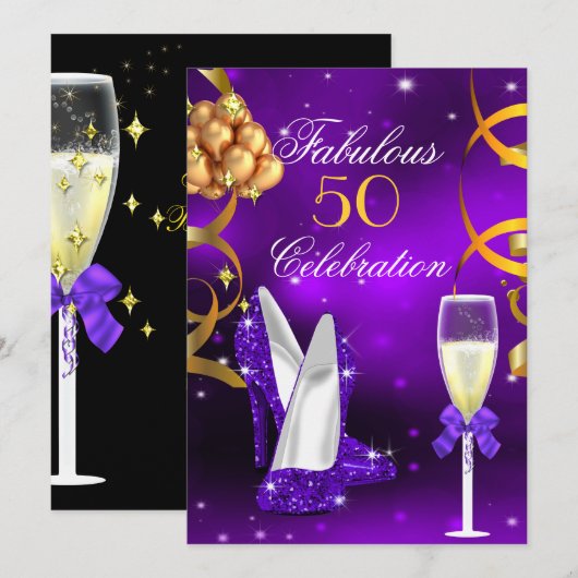 Invitation Fabuleux 50 Purple Gold Heels Champagne Party (Devant / Derrière)