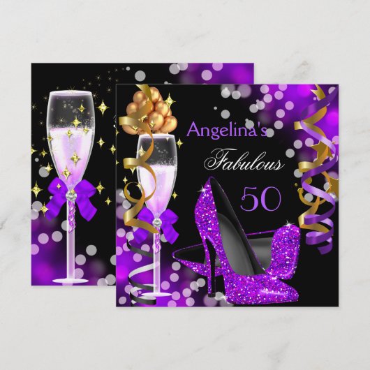 Invitation Fabuleux 50 Purple Heels Gold Bubbles Anniversaire (Devant / Derrière)
