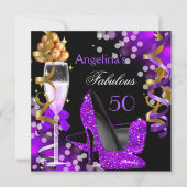 Invitation Fabuleux 50 Purple Heels Gold Bubbles Anniversaire (Devant)