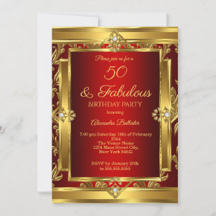 Invitation Fabuleux 50 Red Gold Damask fête d'anniversaire