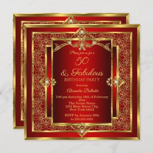 Invitation Fabuleux 50 Red Gold Floral fête d'anniversaire (Devant / Derrière)