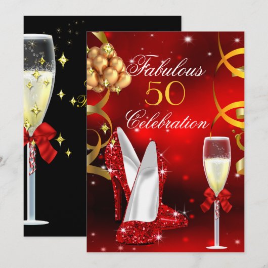 Invitation Fabuleux 50 Red Gold High Heel Champagne Party (Devant / Derrière)