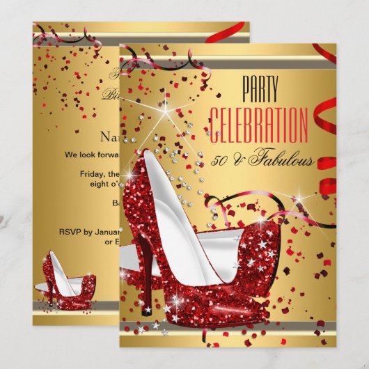 Invitation Fabuleux 50 Red Heels Gold 50th Birthday Party (Devant / Derrière)