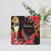 Invitation Fabuleux 50 Red Heels Gold Bubbles Anniversaire (Debout devant)