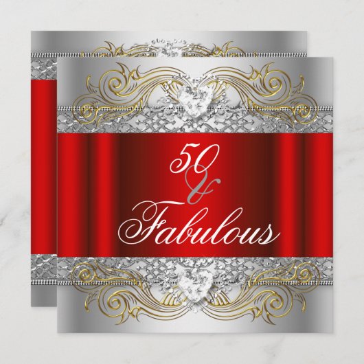 Invitation Fabuleux 50 Red Silver Gold 50th Birthday Party (Devant / Derrière)