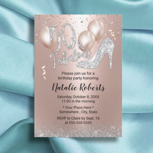 Invitation Fabuleux 50 Rose Gold Balloon High Heel Anniversai