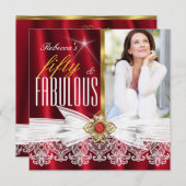 Invitation Fabuleux 50 Rouge Or Blanc dentelle Anniversaire (Devant / Derrière)