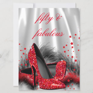 Invitation Fabuleux 50 Rouge Talons Hauts Noir Argent Anniver