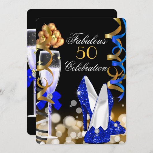 Invitation Fabuleux 50 Royal Blue Black Gold fête d'anniversa (Devant / Derrière)