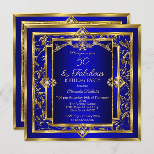 Invitation Fabuleux 50 Royal Blue Gold Damask fête d'annivers (Devant / Derrière)