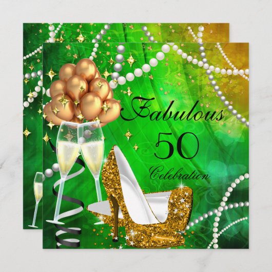 Invitation Fabuleux 50 talons d'or vert Champagne Anniversair (Devant / Derrière)