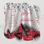 Invitation Fabuleux 50 talons rouges Noir Argent Anniversaire (Devant / Derrière)