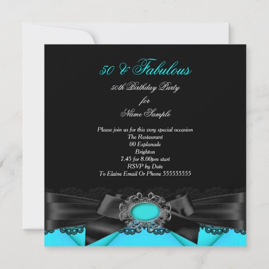 Invitation Fabuleux 50 Turquoise Black Lace fête d'anniversai (Dos)