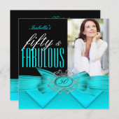 Invitation Fabuleux 50 Turquoise Black Photo Anniversaire (Devant / Derrière)