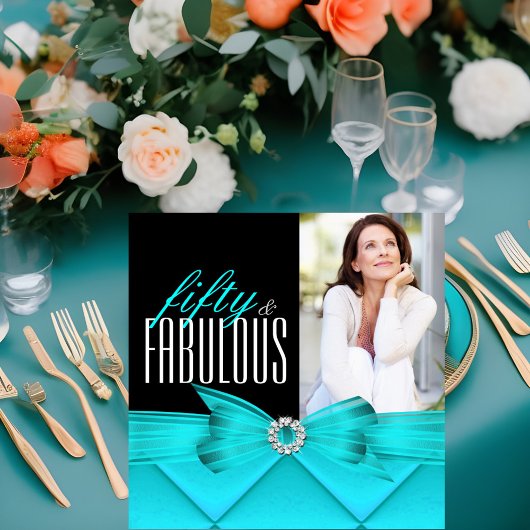 Invitation Fabuleux 50 Turquoise Black Photo Elegant Annivers