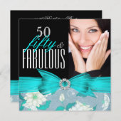 Invitation Fabuleux 50 Turquoise Blue Floral fête d'anniversa (Devant / Derrière)