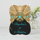 Invitation Fabuleux 50 Turquoise Blue Gold Black Damask Anniv (Debout devant)