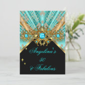 Invitation Fabuleux 50 Turquoise Blue Gold Black Damask Anniv (Debout devant)