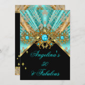 Invitation Fabuleux 50 Turquoise Blue Gold Black Damask Anniv (Devant / Derrière)