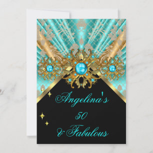 Invitation Fabuleux 50 Turquoise Blue Gold Black Damask Anniv