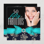 Invitation Fabuleux 50 Turquoise Blue Navy Damask Anniversair (Devant / Derrière)