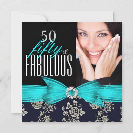 Invitation Fabuleux 50 Turquoise Blue Navy Damask Anniversair (Devant)