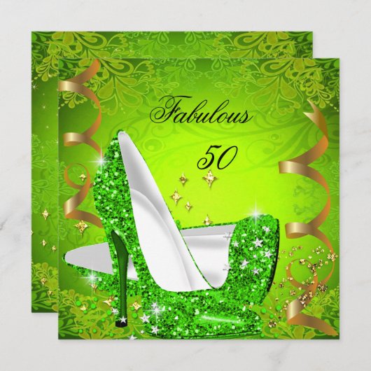 Invitation Fabuleux 50 Woman's Lime Green Gold Party 2 (Devant / Derrière)