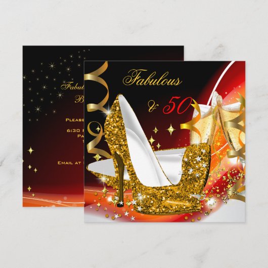 Invitation Fabuleux 50 Woman's Red Gold Birthday Party (Devant / Derrière)