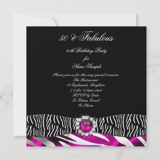 Invitation Fabuleux 50 Zebra Black Pink Silver fête d'anniver (Dos)