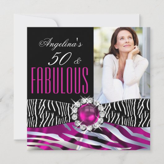 Invitation Fabuleux 50 Zebra Black Pink Silver fête d'anniver (Devant)