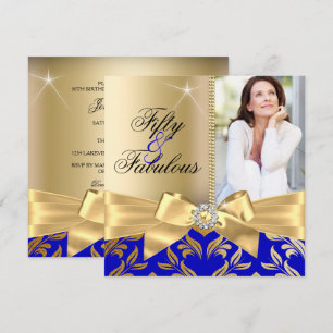 Invitation Fabuleux 50e Anniversaire Bleu Or Feuille & Nœud
