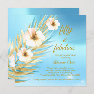 Invitation Fabuleux 50e anniversaire bleu Turquoise or blanc
