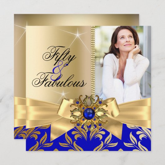 Invitation Fabuleux 50e anniversaire Blue Pearl Gold Leaf Bow (Devant / Derrière)