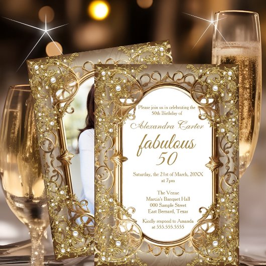 Invitation Fabuleux 50e anniversaire de la photo beige Golden