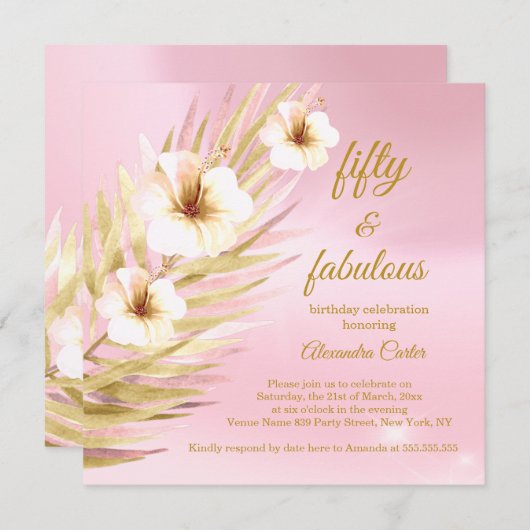Invitation Fabuleux 50e anniversaire rose or blanc floral (Devant / Derrière)