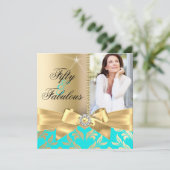 Invitation Fabuleux 50e Anniversaire Turquoise et Feuille d'O (Debout devant)