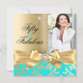 Invitation Fabuleux 50e Anniversaire Turquoise et Feuille d'O (Devant)