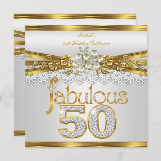 Invitation Fabuleux 50e anniversaire White Pearl Gold dentell (Devant / Derrière)