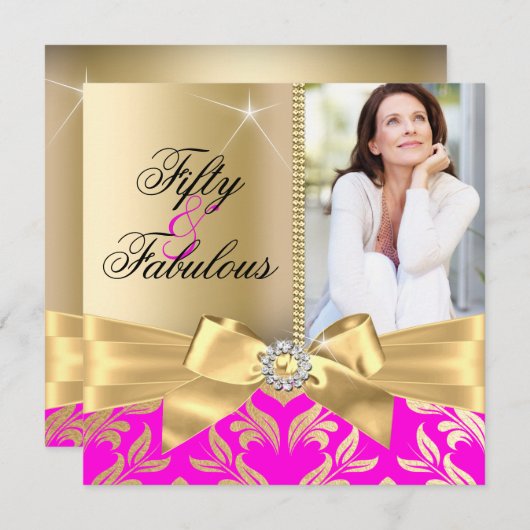 Invitation Fabuleux 50e Pink Gold Leaf & Bow 50e anniversaire (Devant / Derrière)