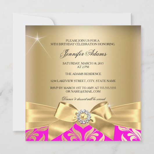 Invitation Fabuleux 50e Pink Gold Leaf & Bow 50e anniversaire (Dos)