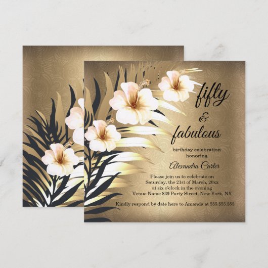 Invitation Fabuleux 50ème Brown d'or Beige Black Floral (Devant / Derrière)