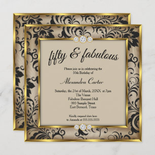 Invitation Fabuleux 50ème Photo Beige Black Damask Gold Party