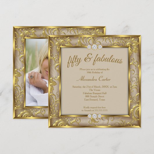 Invitation Fabuleux 50ème Photo Beige Brown Damask Gold Party (Devant / Derrière)