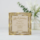 Invitation Fabuleux 50ème Photo Beige Brown Damask Gold Party (Debout devant)