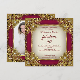 Invitation Fabuleux 50ème Photo Burgundy rouge beige Gold Par