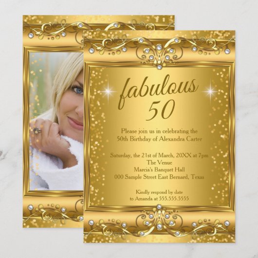 Invitation Fabuleux 50ème Photo scintillante Gold fête d'anni (Devant / Derrière)